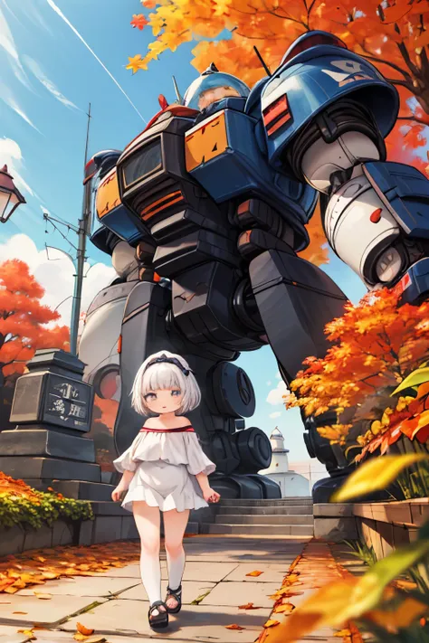  cute girl ， anime girl , Super giant robotットの上からの海の眺め， High resolution, autumn、autumn leaves，，detailed, 32K，Lighthouse，Super giant robot，