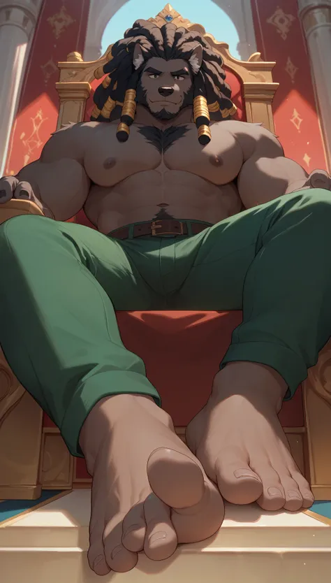 big, furry, muscular male, bara, black wolf, dreadlocks hair, mature man, sitting on throne, barefoot, green pants, topless, close up on his feet, foot fetish, feet are against the camera, low angle view