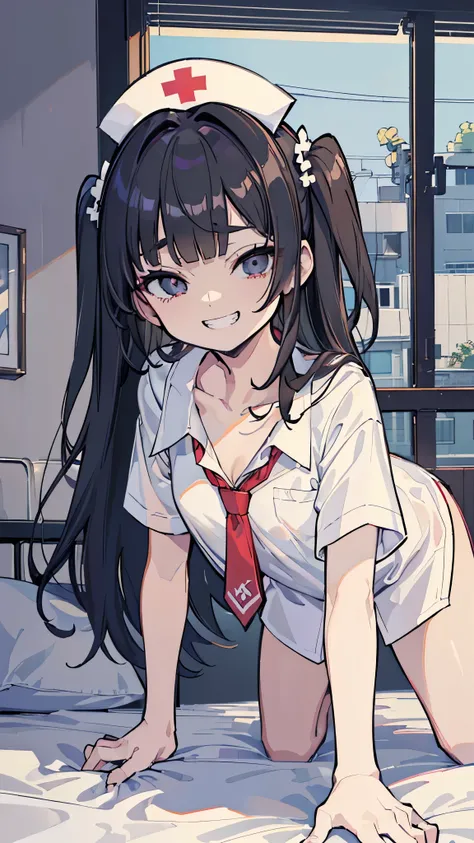 ((masterpiece、Best Quality、Very detailed))、One girl、Black Hair、Long Hair、 Two Side Up 、blunt bangs、Grey Eyes、evil smile、((Grin))、Small breasts、Nurse cap、((White collared shirt))、Short sleeve、((clavicle))、((open clothes))、On all fours、On the bed、Hospital ro...