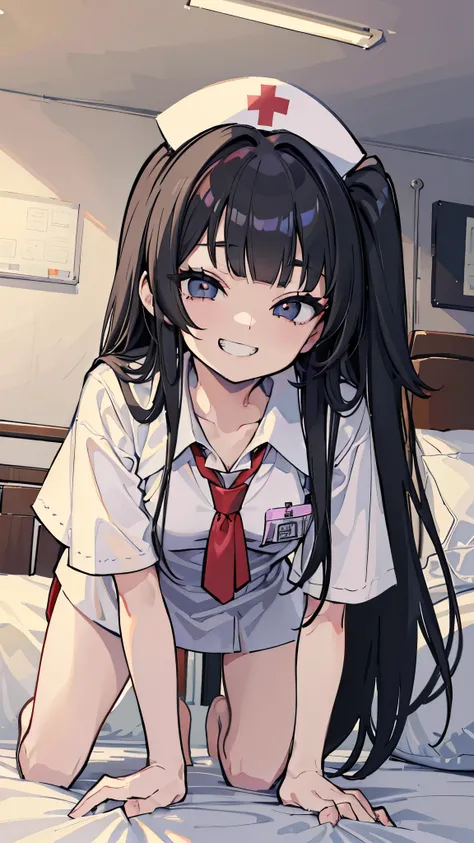 ((masterpiece、Best Quality、Very detailed))、One girl、Black Hair、Long Hair、 Two Side Up 、blunt bangs、Grey Eyes、evil smile、((Grin))、Small breasts、Nurse cap、((white camisole))、On all fours、On the bed、Hospital room background