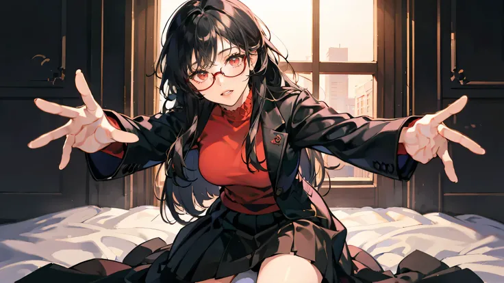 Girl with long black hair, red eyes, glasses, black white and red shirt, white skirt, hands reaching out, crawling on top of screen