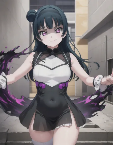 (masterpiece, best quality), 1girl,   yoshiko tsushima,black latex,evil smirk, ruins and purple aura background,