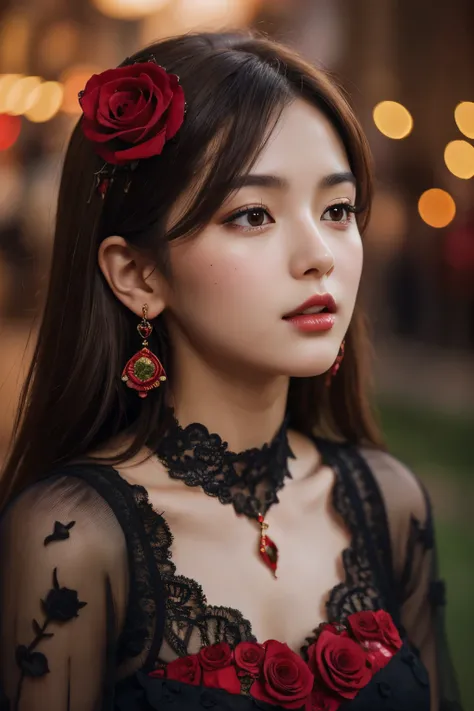 8k, RAW photo, Fujifilm, style photo of a beautiful  woman, square face, a red rose on the neck, wearing black lace dress with red, golden earrings, strong features like a spinning dove, (highly detailed skin: 1.2), medium brown hair with lights, film grai...