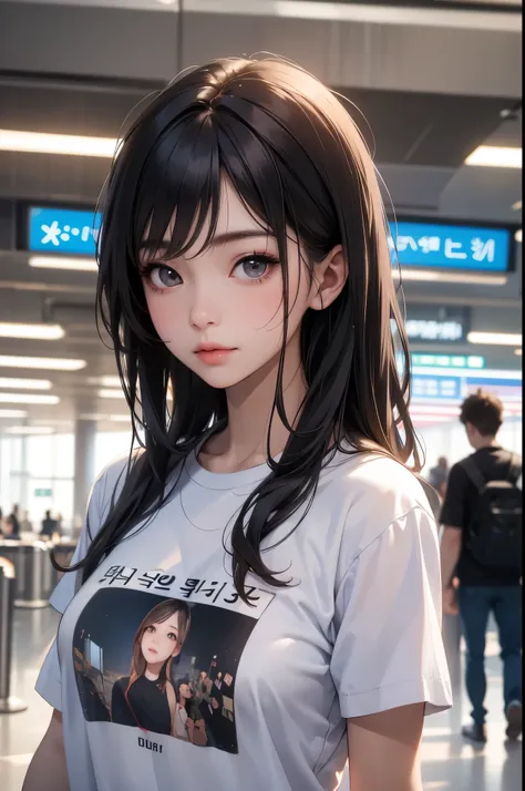 realistic photos of Korean female, crossed bangs, slightly smile, t-shirt, in the airport, pov, Eye-Level Shot, blurry, UHD, masterpiece, highres, 16k