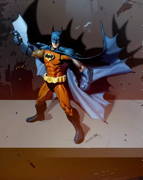 batman statue with cape and cape extended standing on a platform, batman, painted action figure, batman with guns, bat, anigirl batman, the batman, inspired by Neal Adams, from movie batman, adam west as batman 2022, inspired by Wally Wood, actionfigure, b...