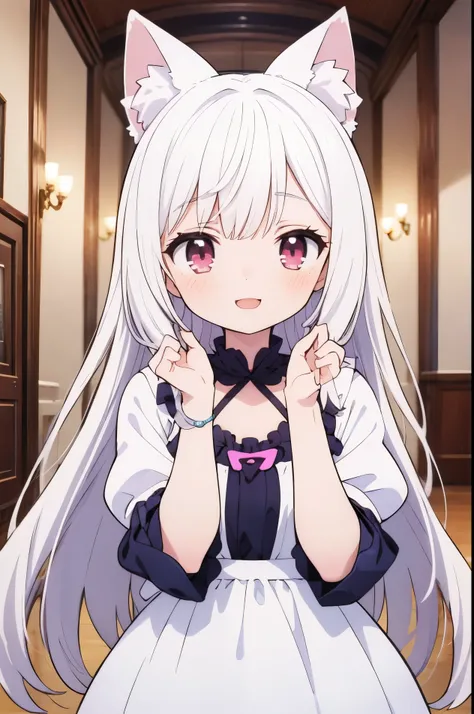 An anime girl with a pair of Cat ears, the inside of the ears a soft white fluff, her eyes wide and curious, she Excited and happy to see me, beautiful eyes, white hair, pink eyes, good art, good drawing, anime 2d, 2d, cute, 2 hands and 5 fingers on each h...