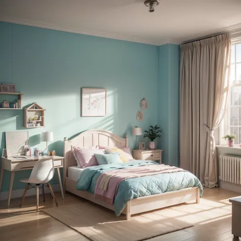 a cozy childrens room, colorful house-shaped bed, soft lighting, pastel wall tones, plush toys, warm atmosphere, whimsical decor, cozy and inviting space, playful and imaginative design, comfortable and safe environment, charming and cheerful aesthetic, br...