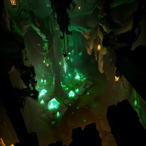 there is a green light in the middle of a room, inside the wishing well cavern, video game screenshot>, dungeons, deep environment, ambient cave lighting, pc screenshot, beautiful and cinematic lighting, haunted green swirling souls, from vermintide 2 vide...