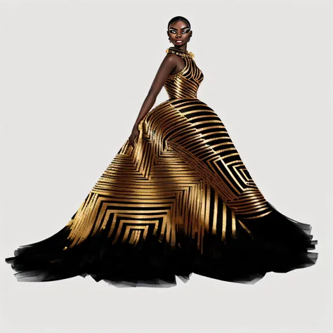  a woman in a gold dress is standing in a black and gold dress, um intricate dress,  Gold and black dress , black slimming evening dress, black haute couture, luxury fashion illustration , por derek zabrocki, intricate dress,  modern maximalist fashion dre...