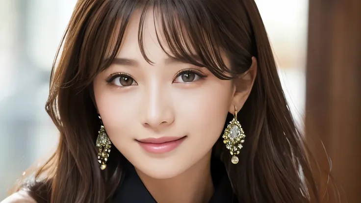 Highest quality、High resolution、8K wallpaper、Dense and beautiful eyedium hair、(Beautiful breasts:1.3)、 natural color lips 、25-year-old woman、Brown Hair、smile、Semi-long hair、Hair tied up、Wearing a necklace and earrings、Wearing a black blouse、outside、Blushin...