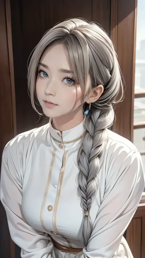 Highest quality, masterpiece,Gray Hair, Golden Eyes,White clothes, look up, Upper Body,hair,Fair skin,Side braid