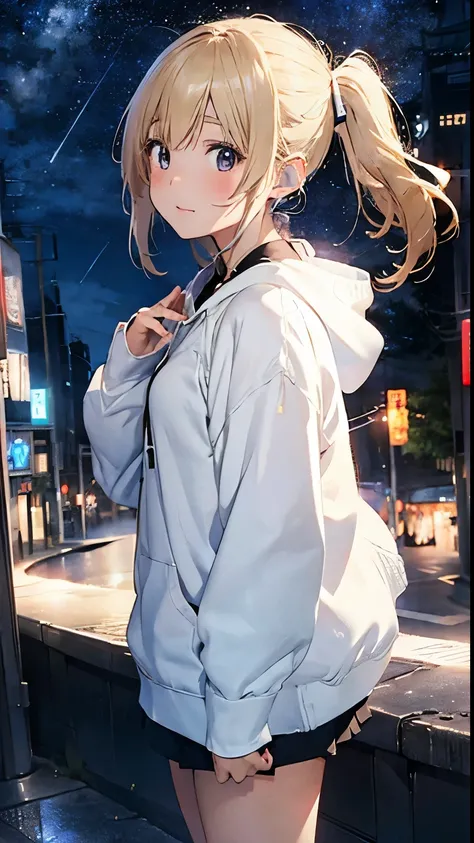 A sky full of stars、White hoodie、Kind Face、Warm lighting Japanese anime style 　　Shortcut The background is the night view of the city and the starry sky　Wearing headphones Full body Blonde, 