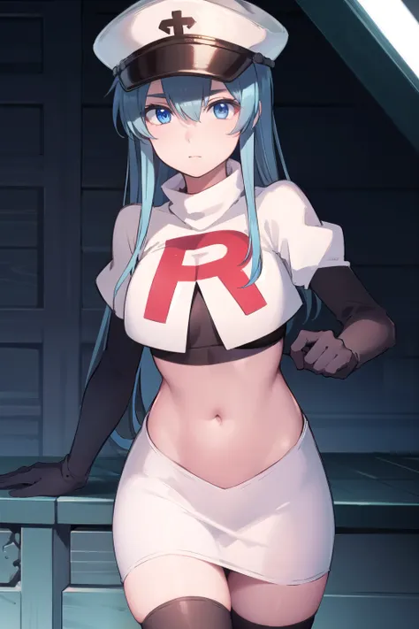 esdeath, esdeath, blue eyes, blue hair, long hair,
break hat, ice, peaked cap, team rocket,team rocket uniform,white skirt,red l...