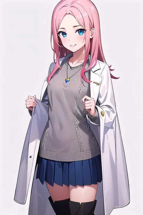 1girl,Samus aran,solo,blue eyes, pink hair, forehead hair, 
White lamé knit, Gray pleated skirt, Navy Chester coat, Black long boots, Simple silver necklace,cowboy shot,blush,,Science fiction,ultra-detailed,sharp focus,aesthetic,(best quality), white backg...