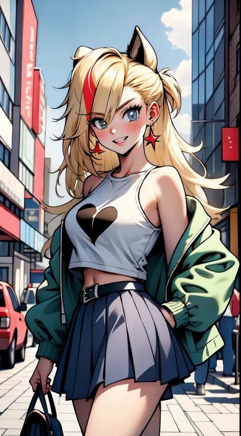 masterpiece, best quality, highres, blonde hair,Hair with lots of red highlights, long hair, large breasts, jacket, crop top, bare shoulder, show stomach, belt, pleated skirt, cowboy shot, standing, looking at viewer, city road, outdoor, modern city road, ...