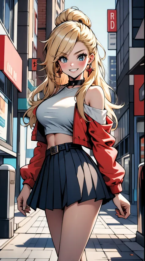 masterpiece, best quality, highres, blonde hair,Hair with lots of red highlights, long hair, large breasts, jacket, crop top, bare shoulder, show stomach, belt, pleated skirt, cowboy shot, standing, looking at viewer, city road, outdoor, modern city road, ...