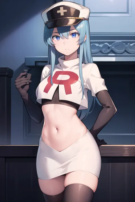 esdeath, esdeath, blue eyes, blue hair, long hair,
BREAK hat, ice, peaked cap, team rocket,team rocket uniform,white skirt,red letter R,crop top,black thigh-highs,black elbow gloves,
BREAK looking at viewer, cowboy shot,
BREAK (masterpiece:1.2), best quali...