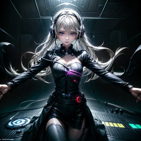 woman with radiant white hair, with headphones, using a DJ controller, creates a cinematic style image with the name "DMBMIX" as the cover of her YouTube channel, featuring a futuristic, high-tech design inspired by cinematic innovation , with dominant col...