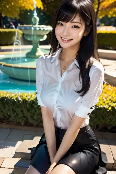 Black Hair、Medium Hair、Blunt Bangs、smile、Big Breasts、Sexy body、WhiteShirt、 black miniskirt in an autumn park、 sitting on a bench 、In front of the fountain、秋の公園の中で