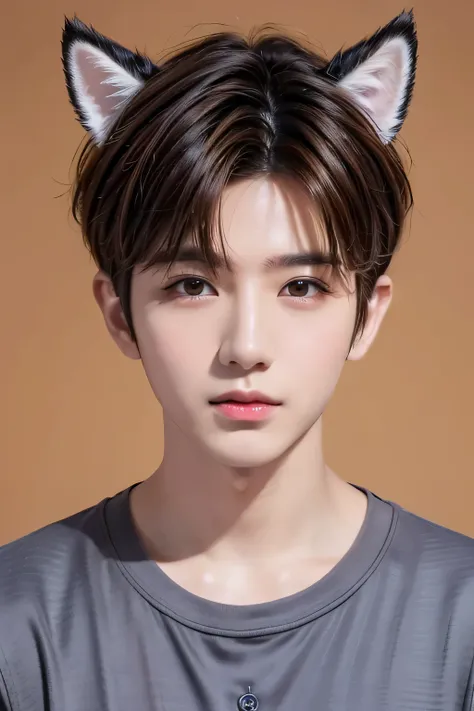 1 male、8ｋ、best quality、masterpiece、(upper shot)、(simple background)、(wearing dog ears:1.23)、brown hair、short hair、(realistic ski...