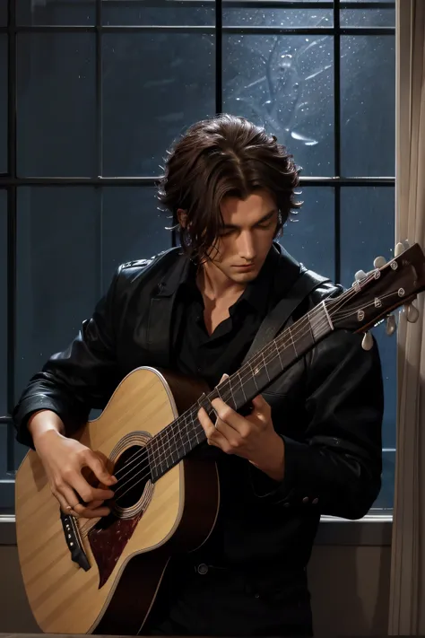 Homme, cheveux noirs, style coréen, jouant de la guitare devant une fenêtre de nuit avec de la pluie, on doit voir la pluie qui tombe a travers la fenêtre