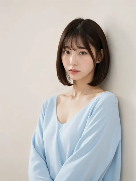 ((highest quality、8k、masterpiece:1.3))、ultra high resolution、(photogenuineistic:1.4)、RAW photo、red one peace, long sleeve
 shirts, small breasts,flat chest, 
(background with white wall、Part of her hair is sky blue:1.4)、white wall、Taken in front of the whi...