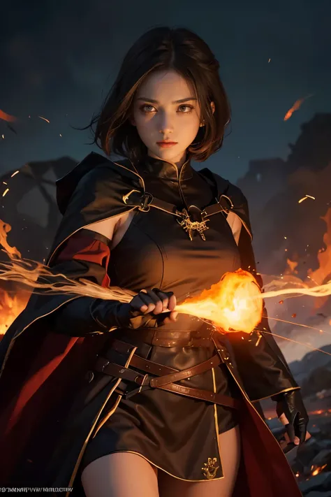 8k, young women, brown hair, short hair, fire witch, witch outfit, witch robe, fire fist, fire power, fire pillars, blazing flames, long gloves, black clothes, glowing eyes, glowing pupils, focused, serious look, looking down on people, death stare, fighti...