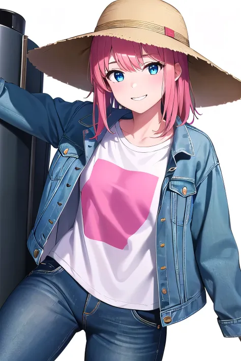 1girl,Samus aran,solo,blue eyes, pink hair, forehead hair, 
Oversized graphic T-shirt, Baggy jeans, Denim jacket, White sneakers, Bucket hat,cowboy shot,blush,,Science fiction,ultra-detailed,sharp focus,aesthetic,(best quality), white background, erotic sm...