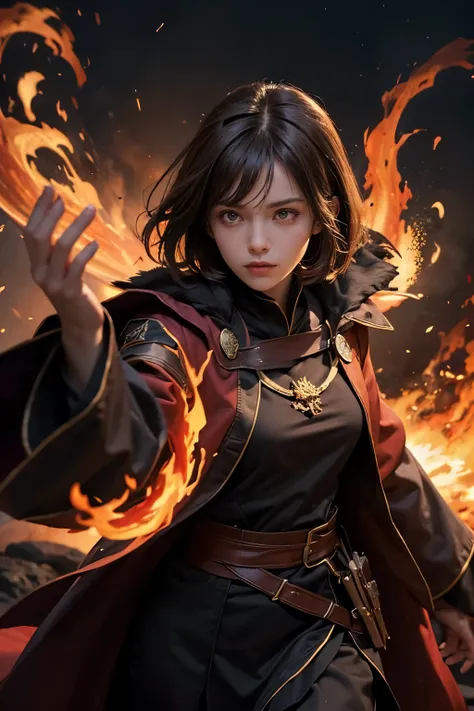 8k, young women, brown hair, short hair, fire witch, witch outfit, witch robe, fire fist, fire power, fire pillars, blazing flames, long gloves, black clothes, glowing eyes, glowing pupils, focused, serious look, looking down on people, death stare, fighti...