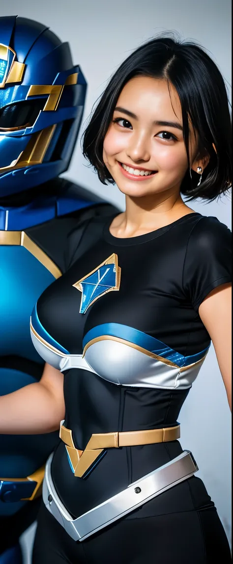 （8k、Raw photography、Best Quality、masterpiece：1.2),(Black Hair、Dark Eyes:1.9),(Blue Ranger、Plug Suit:1.7)、View your audience,Front View,White skin,(:1.4)、(Tight waist:1.6)、(Clothes that accentuate the shape of the breasts:1.4)、(Big Breasts :1.4)、Slim figure...