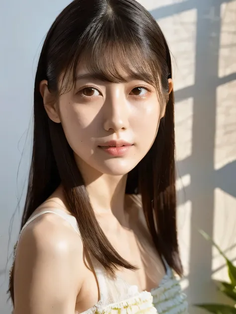 highest quality}, {{masterpiece}}, {very delicate and beautiful},outstanding light and shadow, Highly detailed living room,clear and bright sunlight,1 girl,lightly dressed、gaze looking beyond,black side,strong sunlight,delicate and messy hair,realistic ski...