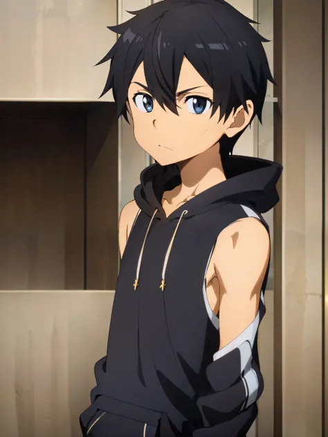 Highres, Masterpiece, Best quality at best,Best Quality,hight quality, hight detailed, 1boy, Symmetrical Eyes, Kirito, (Upper body), Sleeveless hoodie, bare shoulder, Spotlight on shoulders, anime style, Seen from front, (very small and short stature), (ve...