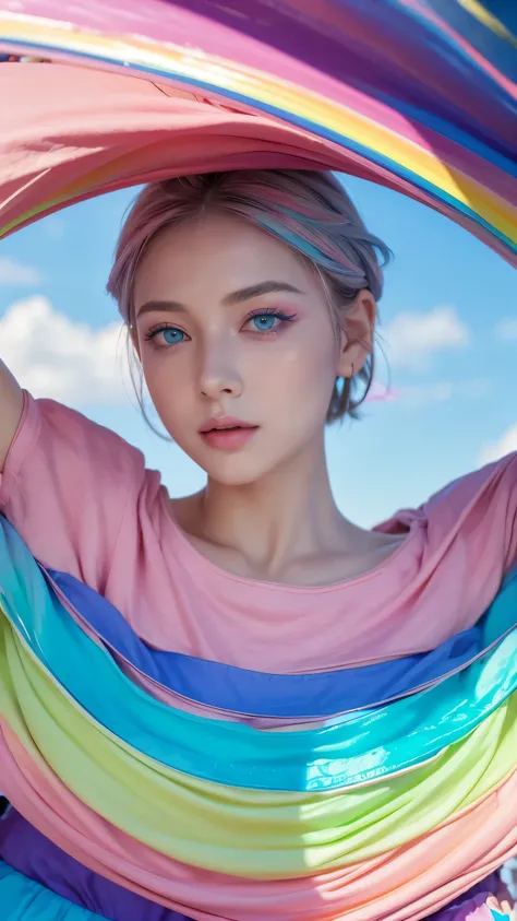 ((Top Quality)), ((Masterpiece)), ((Details)), ((Colorful)), ((upper body)), She looks delighted, ((the age of 25: 1.0)), pink short hair, blue eyes, ((Colorful clothes: 1.5)), ((a quite beautiful face: 1.4)), (Eyeshadow: 1.4), (Small breasts: 1.0), ((from...