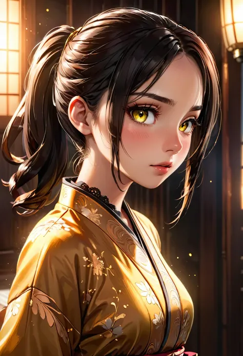 1girl, brown dominant, a young woman, A delicate oval-shaped face with pale skin, her sharp almond-shaped eyes are a deep brown eyes reflecting sadness, thin eyebrows and high cheekbones, long straight black hair tied into a low ponytail with a few strands...