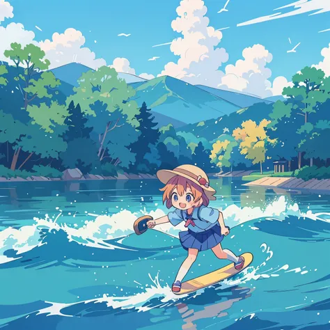 anime girl in a blue hat and school uniform riding a skateboard, the anime girl is running, in style of kyoto animation, anime visual of a cute girl, anime cgi style, kyoto animation, young anime girl, smooth anime cg art, anime girl walking on water, kyot...