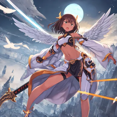 fantasy, 1angel_girl, low_teen, dark_brown_hair,long_bangs, (dark_skin)+, bare_shoulder, navel out, thighhighs,silver_shiny_armor, white_clothes,waist_armor, Glebe, hold_swords_emits_light, medium_breasts, dynamic_flying_pose,Floating, (1pair_white_wings:1...