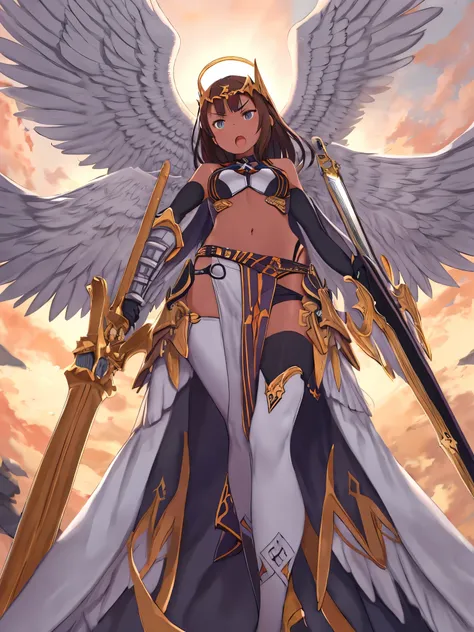 fantasy, 1angel_girl, low_teen, dark_brown_hair,long_bangs, (dark_skin)+ bare_shoulder, navel out, thighhighs,silver_shiny_armor, white_clothes,waist_armor, Glebe, hold_swords_emits_light, medium_breasts, dynamic_flying_pose,Floating, (1pair_white_wings:1....