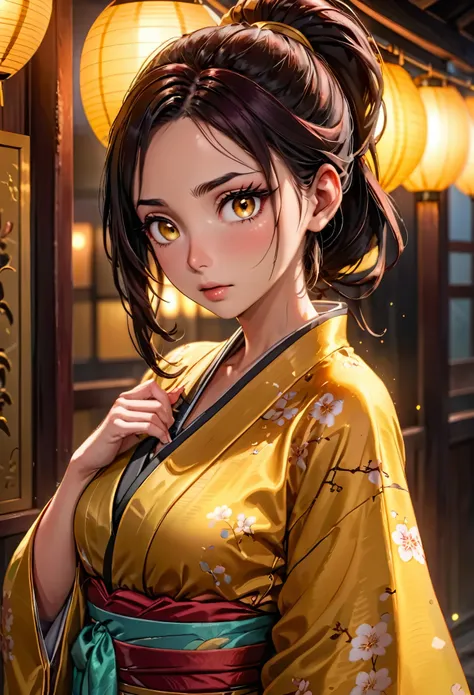 1 mature woman, brown dominant, a mature woman, dark brown and deep yellow kimono, a delicate oval-shaped face with pale skin, h...