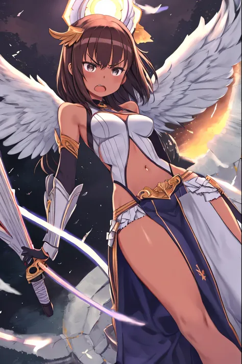 fantasy, 1angel_girl, low_teen, dark_brown_hair,long_bangs, (dark_skin)+ bare_shoulder, navel out, thighhighs,silver_shiny_armor, white_clothes,waist_armor, Glebe, hold_swords_emits_light, medium_breasts, dynamic_flying_pose,Floating, (1pair_white_wings:1....
