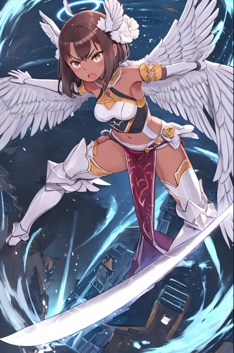 fantasy, 1angel_girl, low_teen, dark_brown_hair,long_bangs, (dark_skin)+ bare_shoulder, navel out, thighhighs,silver_shiny_armor, white_clothes,waist_armor, Glebe, hold_swords_emits_light, medium_breasts, dynamic_flying_pose,Floating, (1pair_white_wings:1....