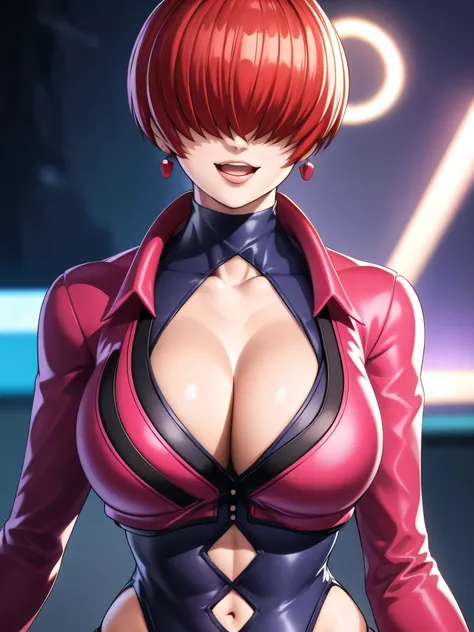 black and thunder background,
Red outfit,Red jacket,choker, cleavage cutout, clothing cutout, 
earrings,open mouth,
Red hair,bangs,((hair over eyes)),
1 girl, 20yo,Young female,upper body,Beautiful body,Beautiful Nose,Beautiful character design, evil face,...