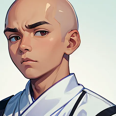 A boy, bald, karate uniform ,  big brown eyes, shoulder up, Annoying expression