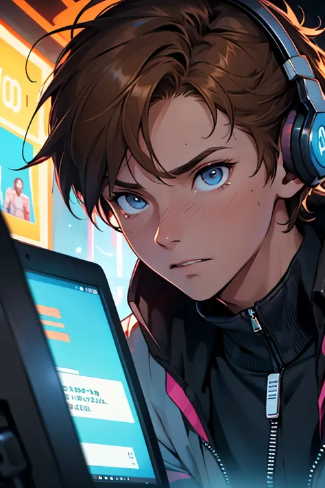 a close up on the right of a person wearing simple clothes, tangled brown hair, using a computer, appears to be having fun, wearing headphones, in the background other screens, dark scenery, bright vibrant light, cyberpunk style color, young boy, Auras of ...