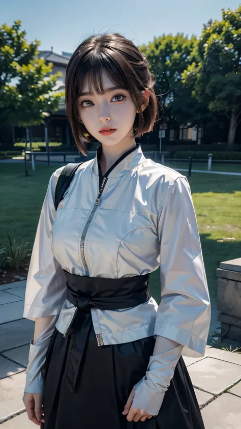 ulzzang-6500-v1.1, (raw photo:1.2), (photorealistic:1.4), beautiful detailed girl, very detailed eyes and face,Hinata from Naruto, cool pose, battlefield background, perfect body, white eyes, white bobcut hair