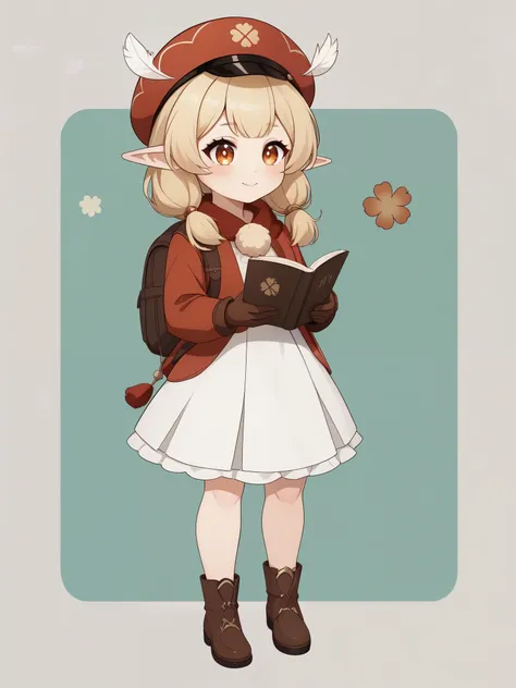 klee. genshin impact. age: she is ten years old. 
appearance: pale skin, orange eyes, blonde hair in pigtails, and elf ears. 
cl...