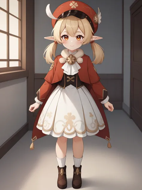 Klee. Genshin Impact. Age: she is ten years old. 
Appearance: pale skin, orange eyes, blonde hair in pigtails, and elf ears. 
Clothing: a red flat hat with a feather on top, light brown gloves, a fluffy scarf with a pompom, a dark reading backpack, a red c...