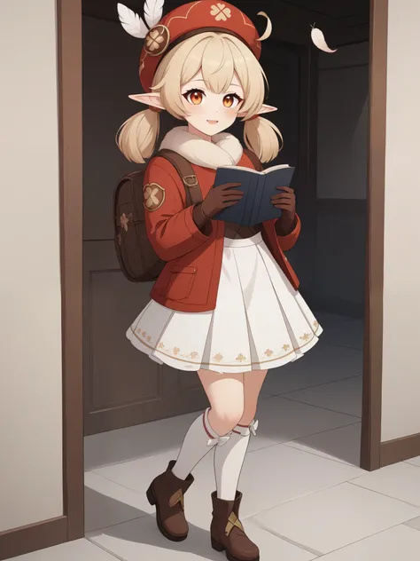 Klee. Genshin Impact. Age: she is ten years old. 
Appearance: pale skin, orange eyes, blonde hair in pigtails, and elf ears. 
Clothing: a red flat hat with a feather on top, light brown gloves, a fluffy scarf with a pompom, a dark reading backpack, a red c...