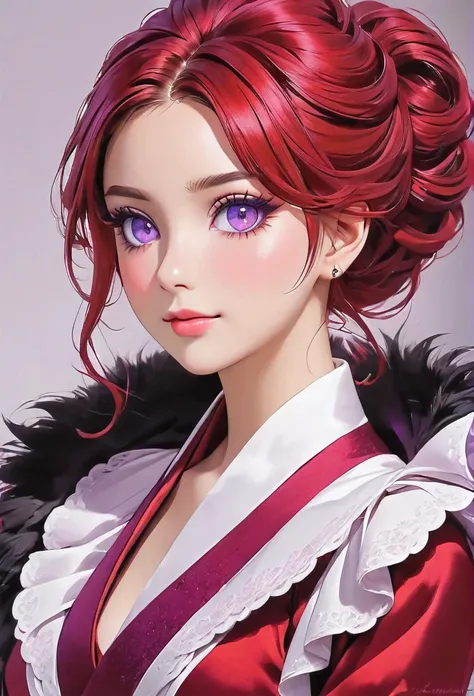 Crimson updo, purple eyes