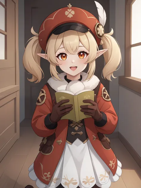 Klee. Genshin Impact. Age: she is ten years old. 
Appearance: pale skin, orange eyes, blonde hair in pigtails, and elf ears. 
Clothing: a red flat hat with a feather on top, light brown gloves, a fluffy scarf with a pompom, a dark reading backpack, a red c...