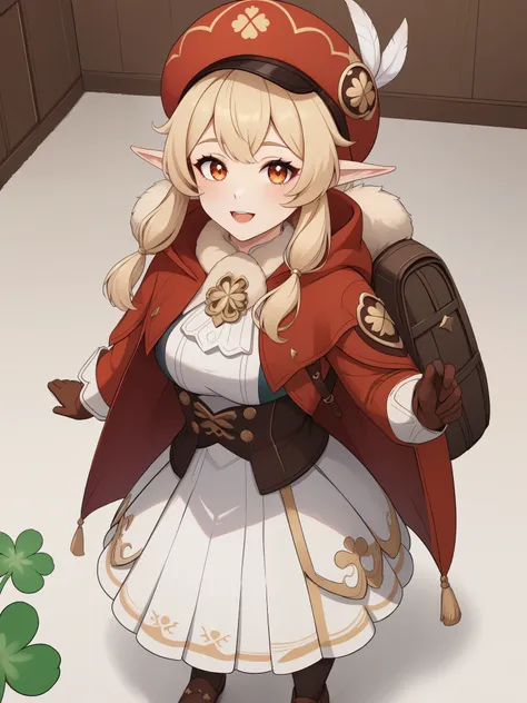 Klee. Genshin Impact. Age: she is ten years old. 
Appearance: pale skin, orange eyes, blonde hair in pigtails, and elf ears. 
Clothing: a red flat hat with a feather on top, light brown gloves, a fluffy scarf with a pompom, a dark reading backpack, a red c...